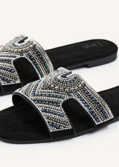 Linzi Indira Black Suede Aztec Design Embellished Slider Sandal
