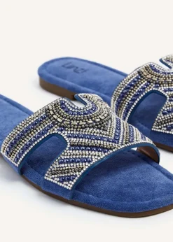 Linzi Indira Cobalt Blue Suede Aztec Design Embellished Slider Sandal