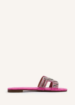Linzi Indira Fuchsia Suede Aztec Design Embellished Slider Sandal