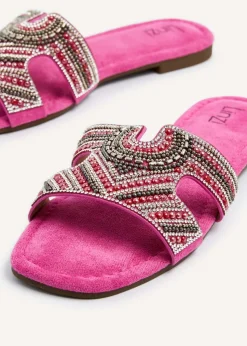 Linzi Indira Fuchsia Suede Aztec Design Embellished Slider Sandal