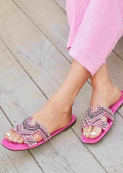 Linzi Indira Fuchsia Suede Aztec Design Embellished Slider Sandal