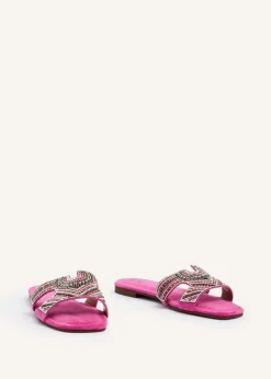 Linzi Indira Fuchsia Suede Aztec Design Embellished Slider Sandal