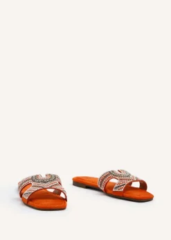 Linzi Indira Orange Suede Aztec Design Embellished Slider Sandal