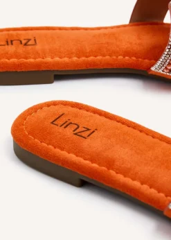 Linzi Indira Orange Suede Aztec Design Embellished Slider Sandal