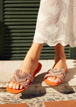 Linzi Indira Orange Suede Aztec Design Embellished Slider Sandal