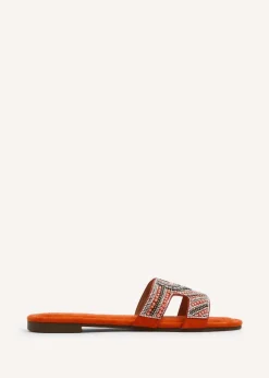 Linzi Indira Orange Suede Aztec Design Embellished Slider Sandal