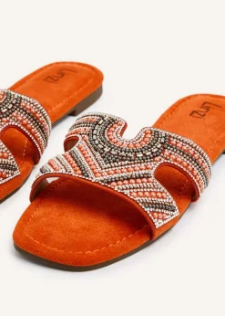 Linzi Indira Orange Suede Aztec Design Embellished Slider Sandal