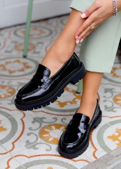 Linzi Ivan Black Faux High Shine Leather Classic Chunky Loafer