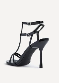 Linzi Jada Black Patent T-Bar Strappy Stiletto Heels