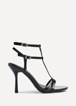 Linzi Jada Black Patent T-Bar Strappy Stiletto Heels