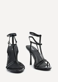 Linzi Jada Black Patent T-Bar Strappy Stiletto Heels