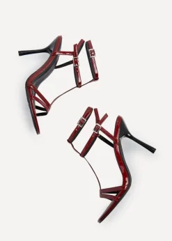 Linzi Jada Burgundy Patent T-Bar Strappy Stiletto Heels