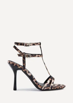 Linzi Jada Leopard Print T-Bar Strappy Stiletto Heels