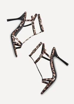 Linzi Jada Leopard Print T-Bar Strappy Stiletto Heels