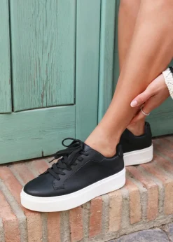 Linzi Jersey Black Faux Leather Lace Up Flatform Trainers