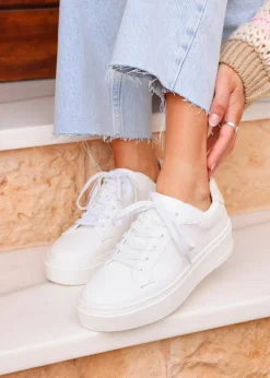 Linzi Jersey White Faux Leather Lace Up Flatform Trainers