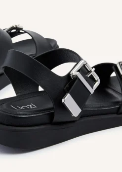 Linzi Jet Black Faux Leather Large Buckle Detail Two Part Sandal