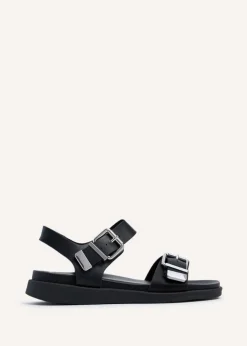 Linzi Jet Black Faux Leather Large Buckle Detail Two Part Sandal