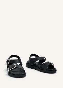 Linzi Jet Black Faux Leather Large Buckle Detail Two Part Sandal