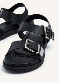 Linzi Jet Black Faux Leather Large Buckle Detail Two Part Sandal