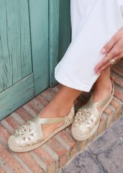 Linzi Jillian Gold Faux Leather Flower Cut Out Espadrille Sandal