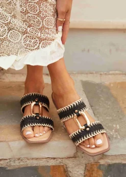 Linzi Jojo Black Raffia Double Strap Flat Sandal