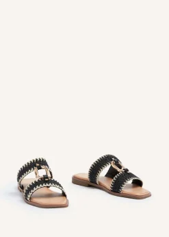 Linzi Jojo Black Raffia Double Strap Flat Sandal