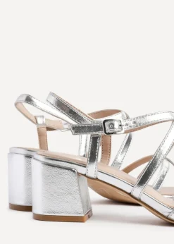 Linzi Jovanna Silver Faux Leather Strappy Low Block Heeled Sandals