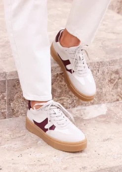 Linzi Kaia Sand & Burgundy Faux Leather Lace Up Flatform Trainers