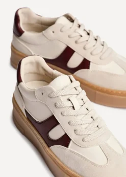 Linzi Kaia Sand & Burgundy Faux Leather Lace Up Flatform Trainers