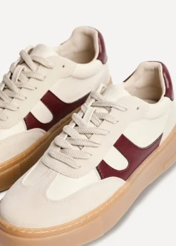 Linzi Kaia Sand & Burgundy Faux Leather Lace Up Flatform Trainers