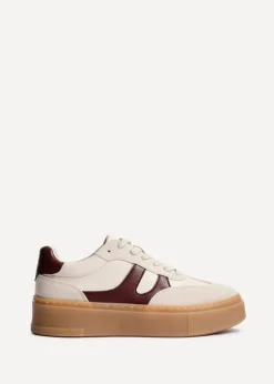 Linzi Kaia Sand & Burgundy Faux Leather Lace Up Flatform Trainers