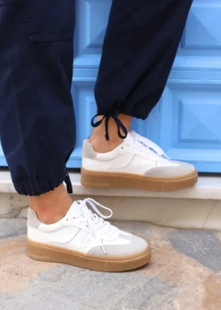 Linzi Kaia White & Grey Faux Leather Lace Up Flatform Trainers