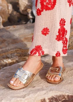 Linzi Kenna Gold Faux Leather Buckle Flat Slider Sandal