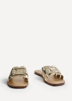 Linzi Kenna Gold Faux Leather Buckle Flat Slider Sandal