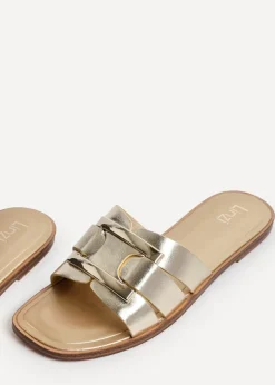 Linzi Kenna Gold Faux Leather Buckle Flat Slider Sandal