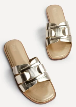 Linzi Kenna Gold Faux Leather Buckle Flat Slider Sandal