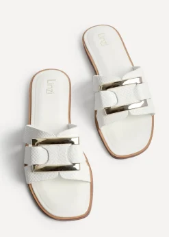 Linzi Kenna White Faux Leather Buckle Flat Slider Sandal