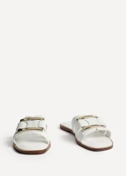 Linzi Kenna White Faux Leather Buckle Flat Slider Sandal