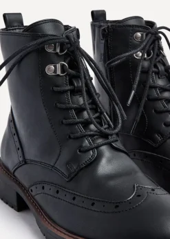 Linzi Kinsley Wide Fit Black Faux Leather Lace Up Military Boot