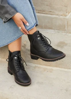 Linzi Kinsley Wide Fit Black Faux Leather Lace Up Military Boot