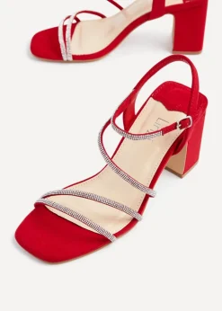 Linzi Kira Red Faux Suede Strappy Diamante Block Heel