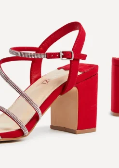 Linzi Kira Red Faux Suede Strappy Diamante Block Heel