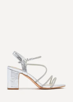 Linzi Kira Silver Faux Leather Strappy Diamante Block Heel