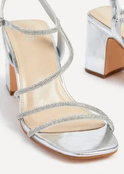 Linzi Kira Silver Faux Leather Strappy Diamante Block Heel