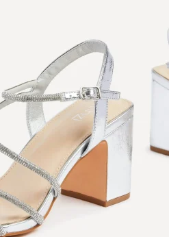 Linzi Kira Silver Faux Leather Strappy Diamante Block Heel
