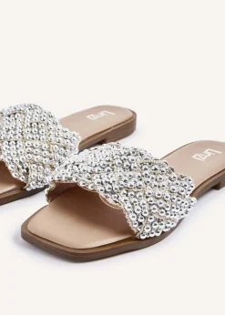 Linzi Lanette Nude Faux Leather Plaited Beaded Flat Sandals