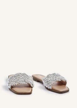 Linzi Lanette Nude Faux Leather Plaited Beaded Flat Sandals