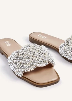 Linzi Lanette Nude Faux Leather Plaited Beaded Flat Sandals