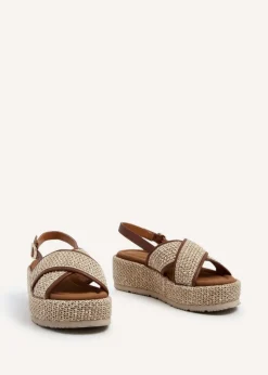 Linzi Laurent Natural and Tan Two-Tone Crossover Raffia Flatform Sandal